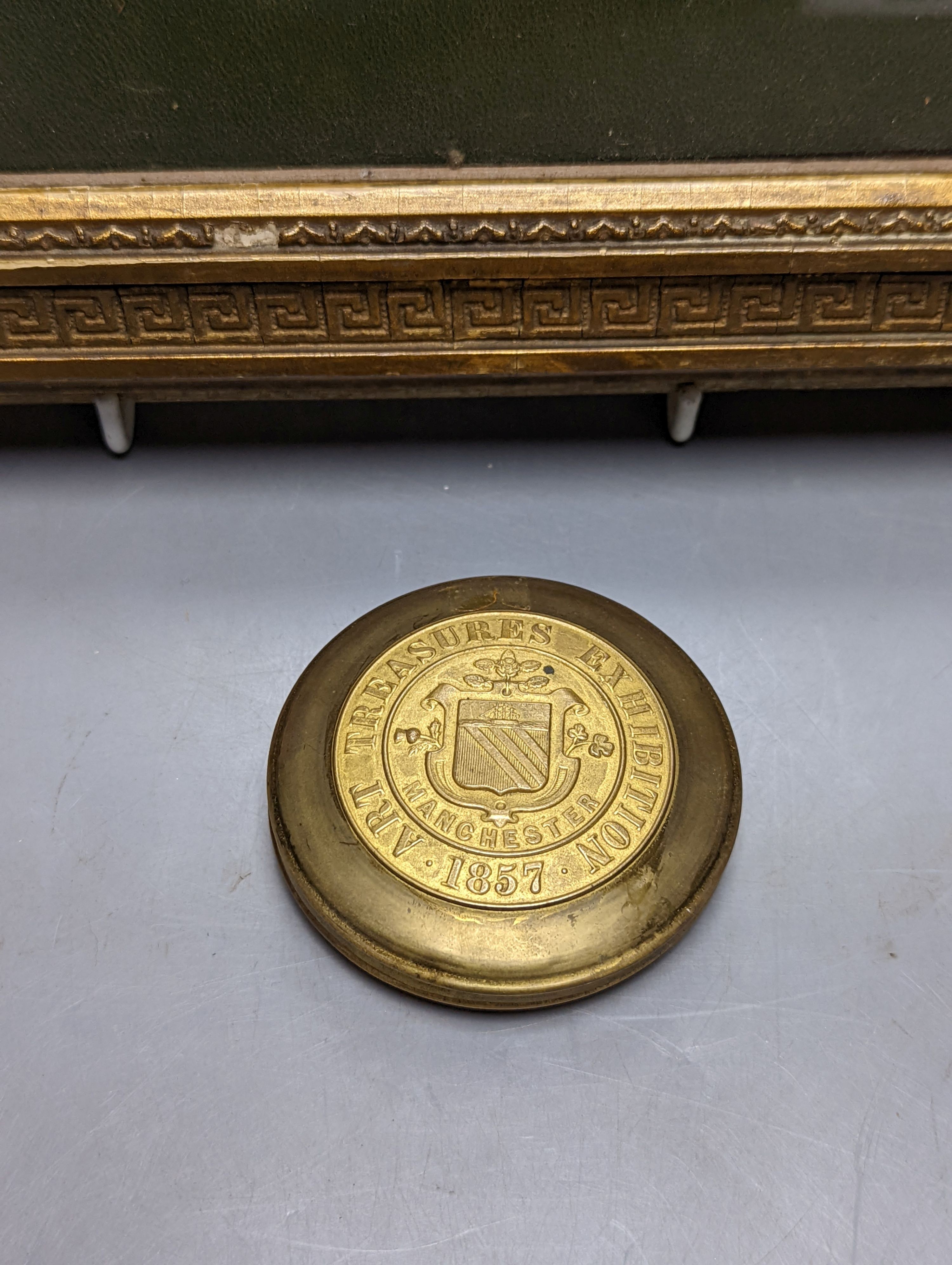 Two Exhibition Prize Medals, to JV Hill, saw manufacturers, London 1851 and Paris 1855, frame 34cm. wide, and a collection of Victorian coin tokens, in Pinches & Co. case, 1857